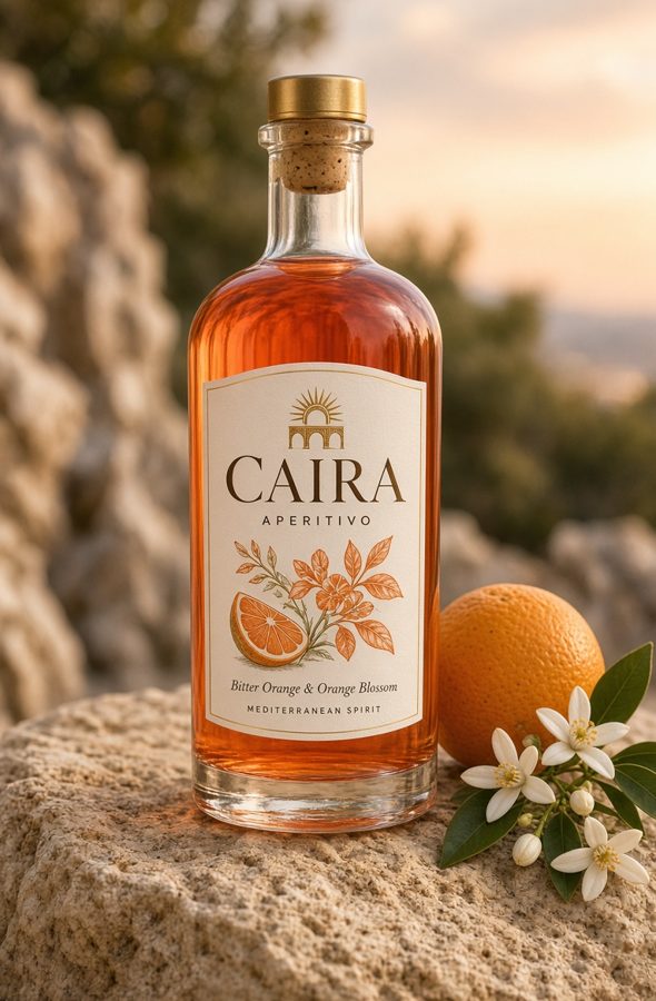 Coral concept bottle with an orange label next to an orange and orange blossom