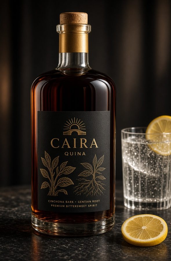 Dark concept bottle with a black and gold label next to a glass with lemon