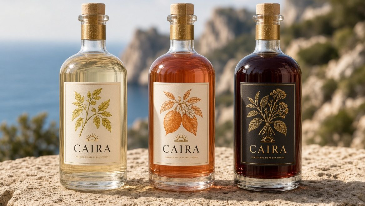 Three CAIRA concept bottles, pale gold, coral and dark, on a stone wall above the sea