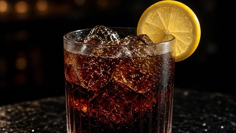 A dark drink on ice with a lemon slice at night