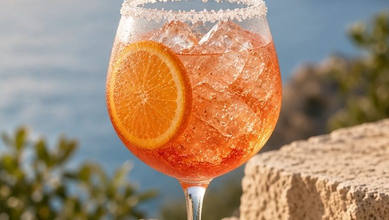 An orange spritz-style drink on a stone wall above the sea at sunset